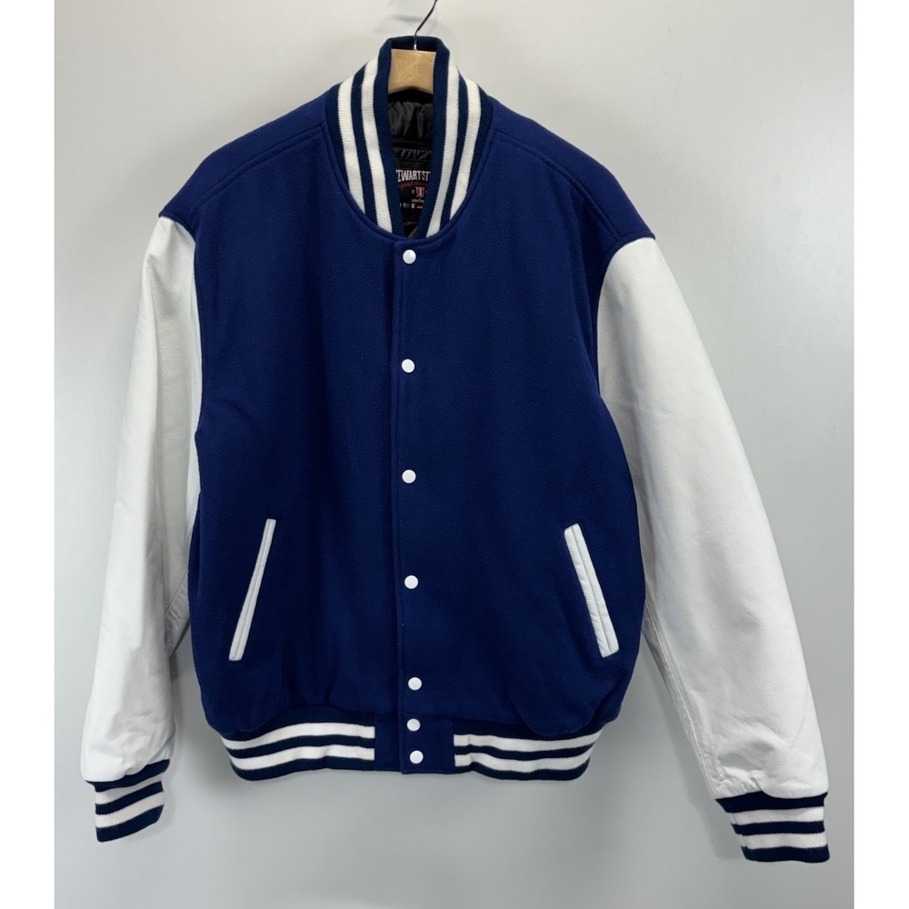 Stewart Strauss Varsity Jacket 2XL Leather Letterman Blank Blue White Wool Blend